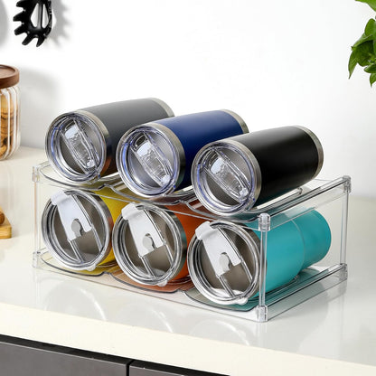 LARGER Compartment - Stackable Water Bottle Organizer Holder - for Stanley & Others' Large Tumbler - Clear Wine Rack, Cup Bottle Holder for Cabinet Home Countertop Fridge Pantry Shelf, 3 Tier Hold 9