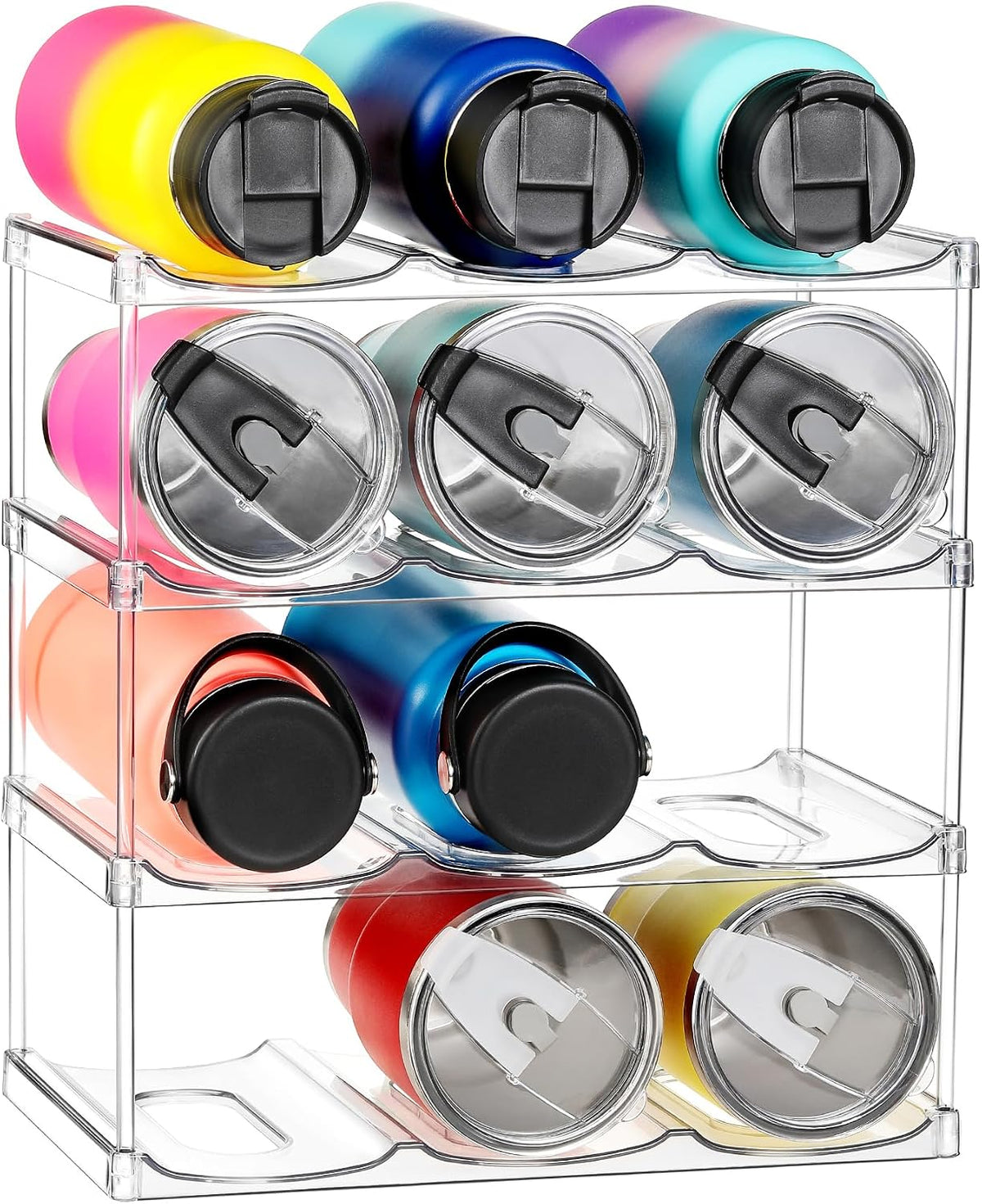 LARGER Compartment - Stackable Water Bottle Organizer Holder - for Stanley & Others' Large Tumbler - Clear Wine Rack, Cup Bottle Holder for Cabinet Home Countertop Fridge Pantry Shelf, 3 Tier Hold 9