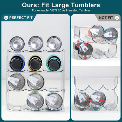 LARGER Compartment - Stackable Water Bottle Organizer Holder - for Stanley & Others' Large Tumbler - Clear Wine Rack, Cup Bottle Holder for Cabinet Home Countertop Fridge Pantry Shelf, 3 Tier Hold 9