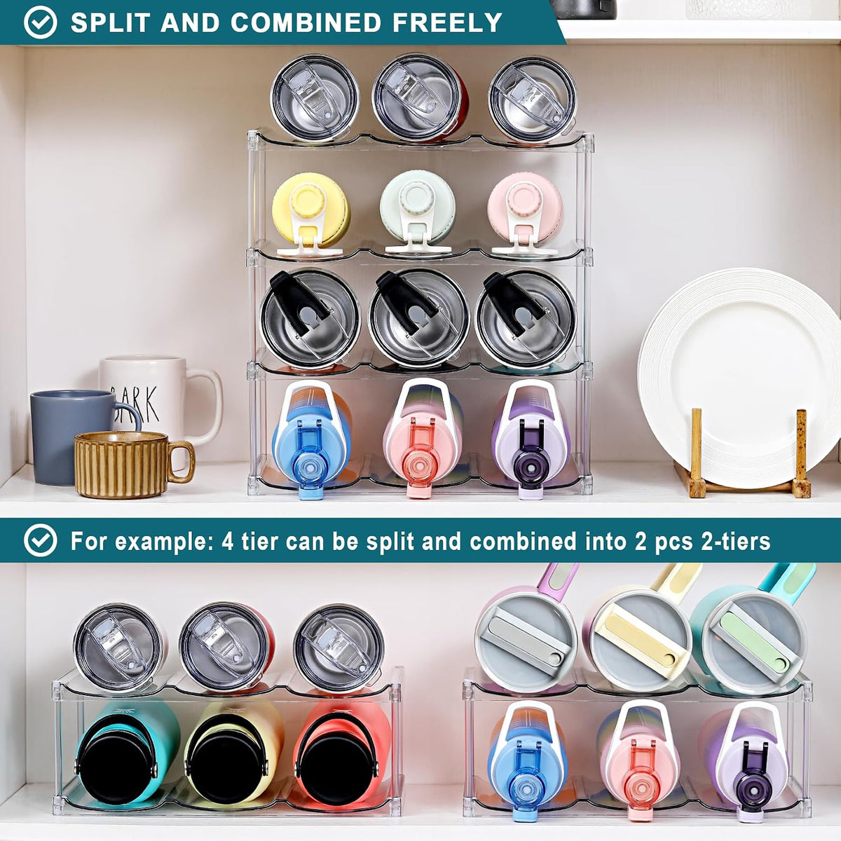 LARGER Compartment - Stackable Water Bottle Organizer Holder - for Stanley & Others' Large Tumbler - Clear Wine Rack, Cup Bottle Holder for Cabinet Home Countertop Fridge Pantry Shelf, 3 Tier Hold 9