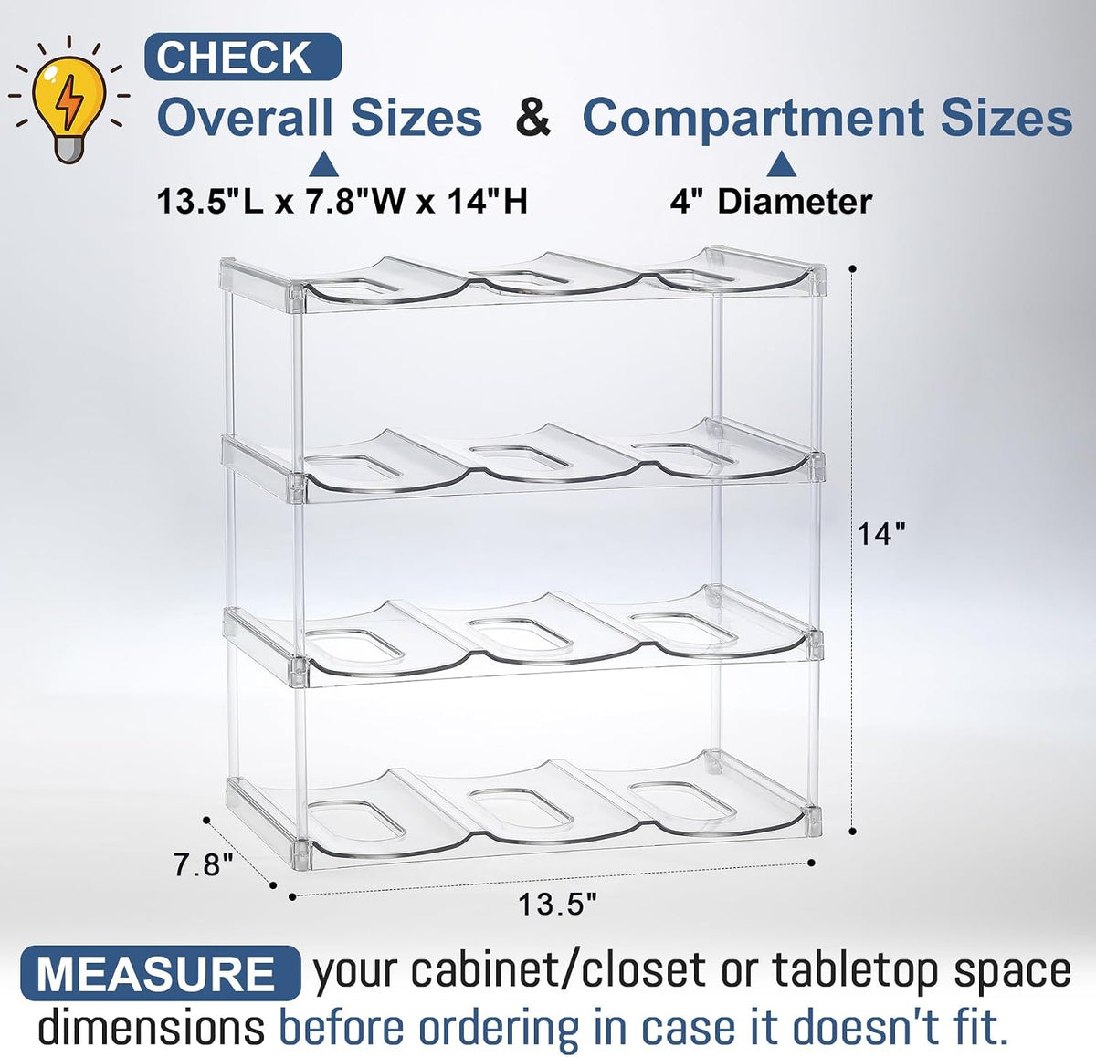 LARGER Compartment - Stackable Water Bottle Organizer Holder - for Stanley & Others' Large Tumbler - Clear Wine Rack, Cup Bottle Holder for Cabinet Home Countertop Fridge Pantry Shelf, 3 Tier Hold 9