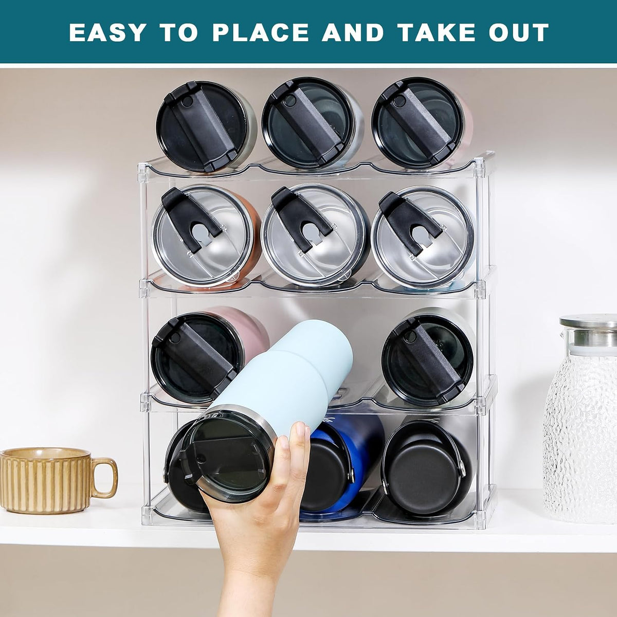 LARGER Compartment - Stackable Water Bottle Organizer Holder - for Stanley & Others' Large Tumbler - Clear Wine Rack, Cup Bottle Holder for Cabinet Home Countertop Fridge Pantry Shelf, 3 Tier Hold 9