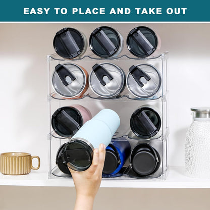 LARGER Compartment - Stackable Water Bottle Organizer Holder - for Stanley & Others' Large Tumbler - Clear Wine Rack, Cup Bottle Holder for Cabinet Home Countertop Fridge Pantry Shelf, 3 Tier Hold 9