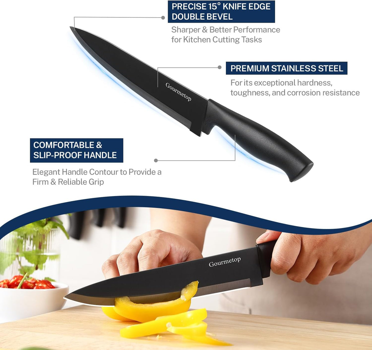 Kitchen Knife Set with Magnetic Strip, Black Cooking Knives