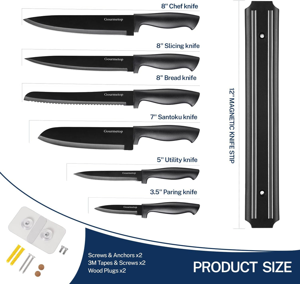 Kitchen Knife Set with Magnetic Strip, Black Cooking Knives