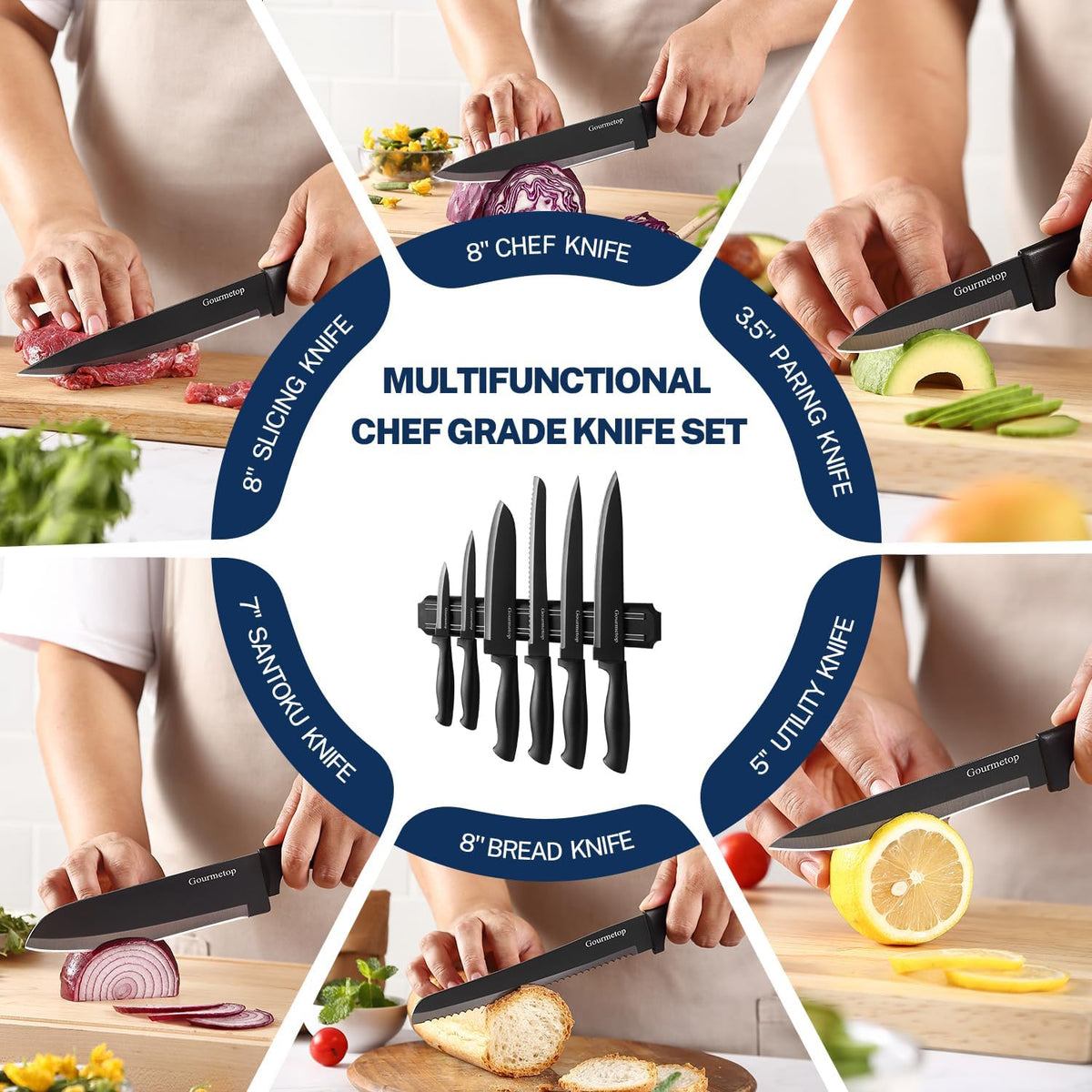 Kitchen Knife Set with Magnetic Strip, Black Cooking Knives