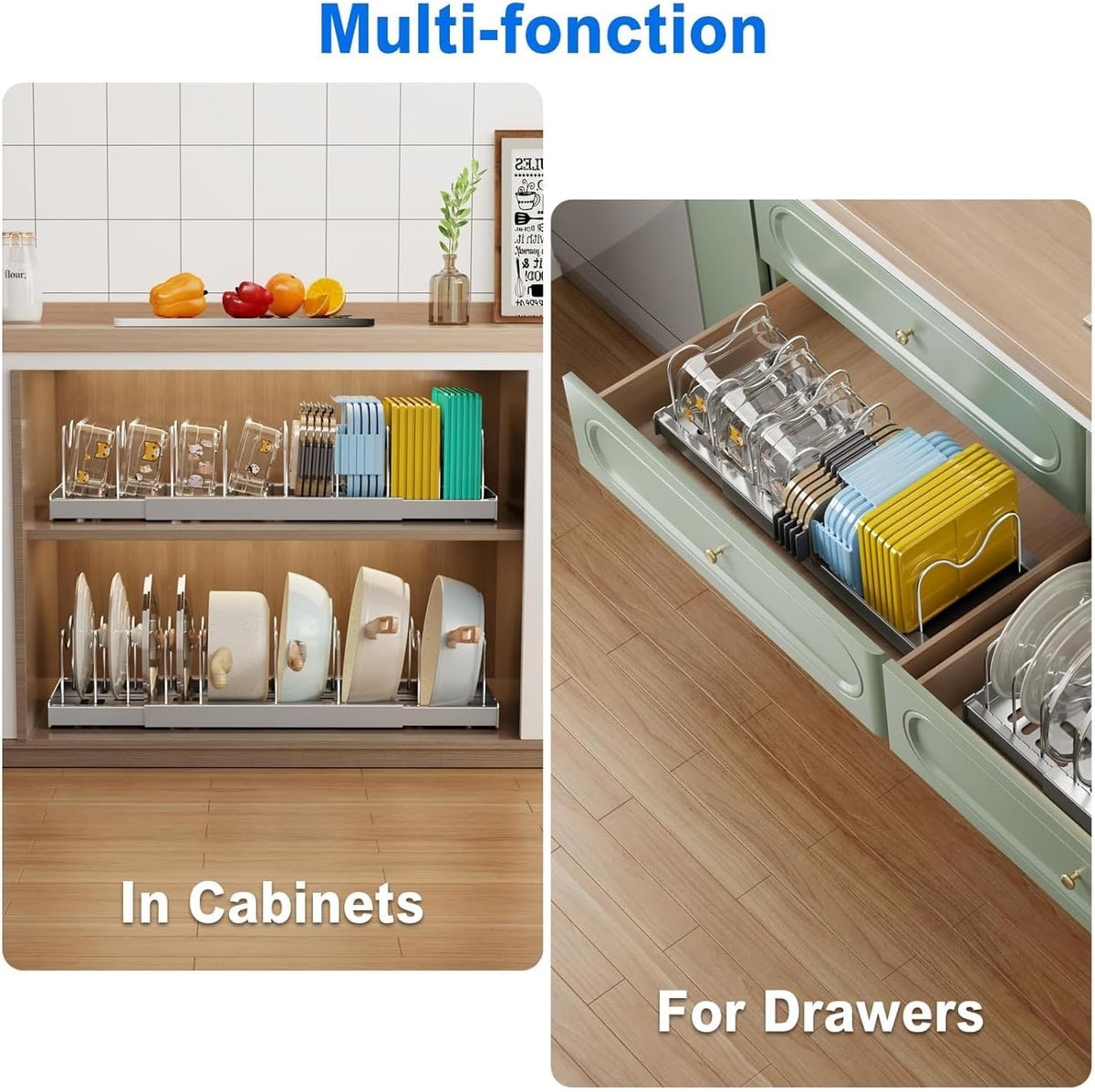 2 Pack Pots and Pans Organizer Under Cabinet, 22" Expandable Food Storage Container Lid Organizers with 9 Adjustable Dividers Pot and Pan Lid Holders Rack Inside Cabinet/Countertop(White)