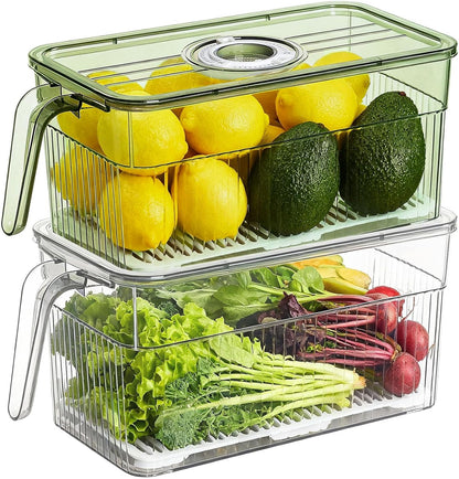 2 Pack Plastic Food Storage Produce Containers for Fridge, Stackable Lettuce Keeper for Refrigerator with Removable Drain Tray Keep Fresh for Vegetables/Fruit/Berry/Salad - 10'' x 5.3'' x 5.2''