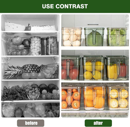 2 Pack Plastic Food Storage Produce Containers for Fridge, Stackable Lettuce Keeper for Refrigerator with Removable Drain Tray Keep Fresh for Vegetables/Fruit/Berry/Salad - 10'' x 5.3'' x 5.2''