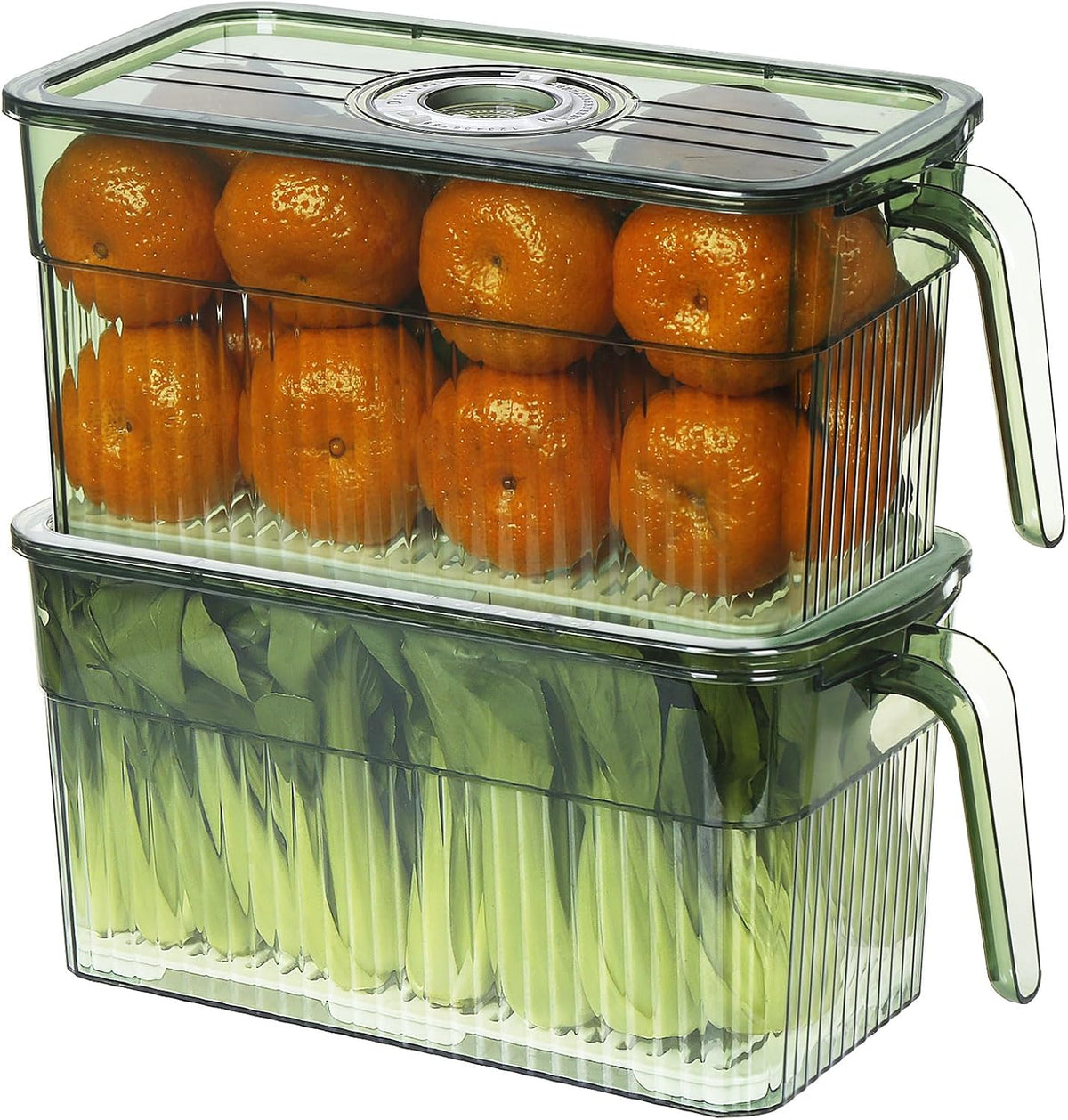 2 Pack Plastic Food Storage Produce Containers for Fridge, Stackable Lettuce Keeper for Refrigerator with Removable Drain Tray Keep Fresh for Vegetables/Fruit/Berry/Salad - 10'' x 5.3'' x 5.2''