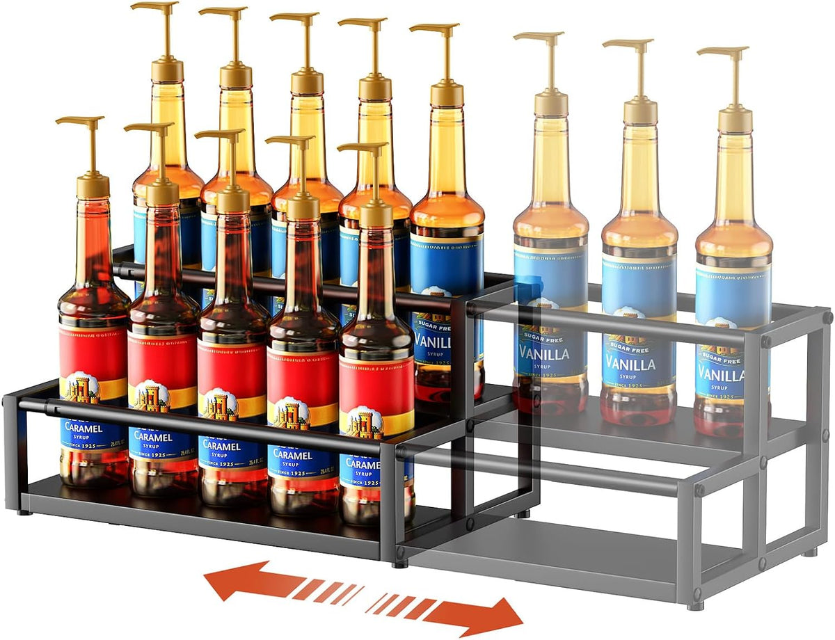 Expandable Coffee Syrup Organizer, 2-Tier Syrup Rack, Black | Holds 10-16 Bottles, Adjustable Width Carbon Steel Coffee Bar Organizer for Countertop Kitchen Bar
