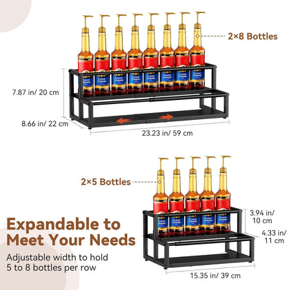 Expandable Coffee Syrup Organizer, 2-Tier Syrup Rack, Black | Holds 10-16 Bottles, Adjustable Width Carbon Steel Coffee Bar Organizer for Countertop Kitchen Bar