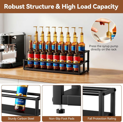 Expandable Coffee Syrup Organizer, 2-Tier Syrup Rack, Black | Holds 10-16 Bottles, Adjustable Width Carbon Steel Coffee Bar Organizer for Countertop Kitchen Bar