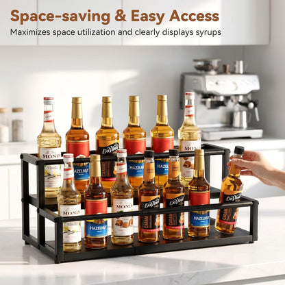 Expandable Coffee Syrup Organizer, 2-Tier Syrup Rack, Black | Holds 10-16 Bottles, Adjustable Width Carbon Steel Coffee Bar Organizer for Countertop Kitchen Bar