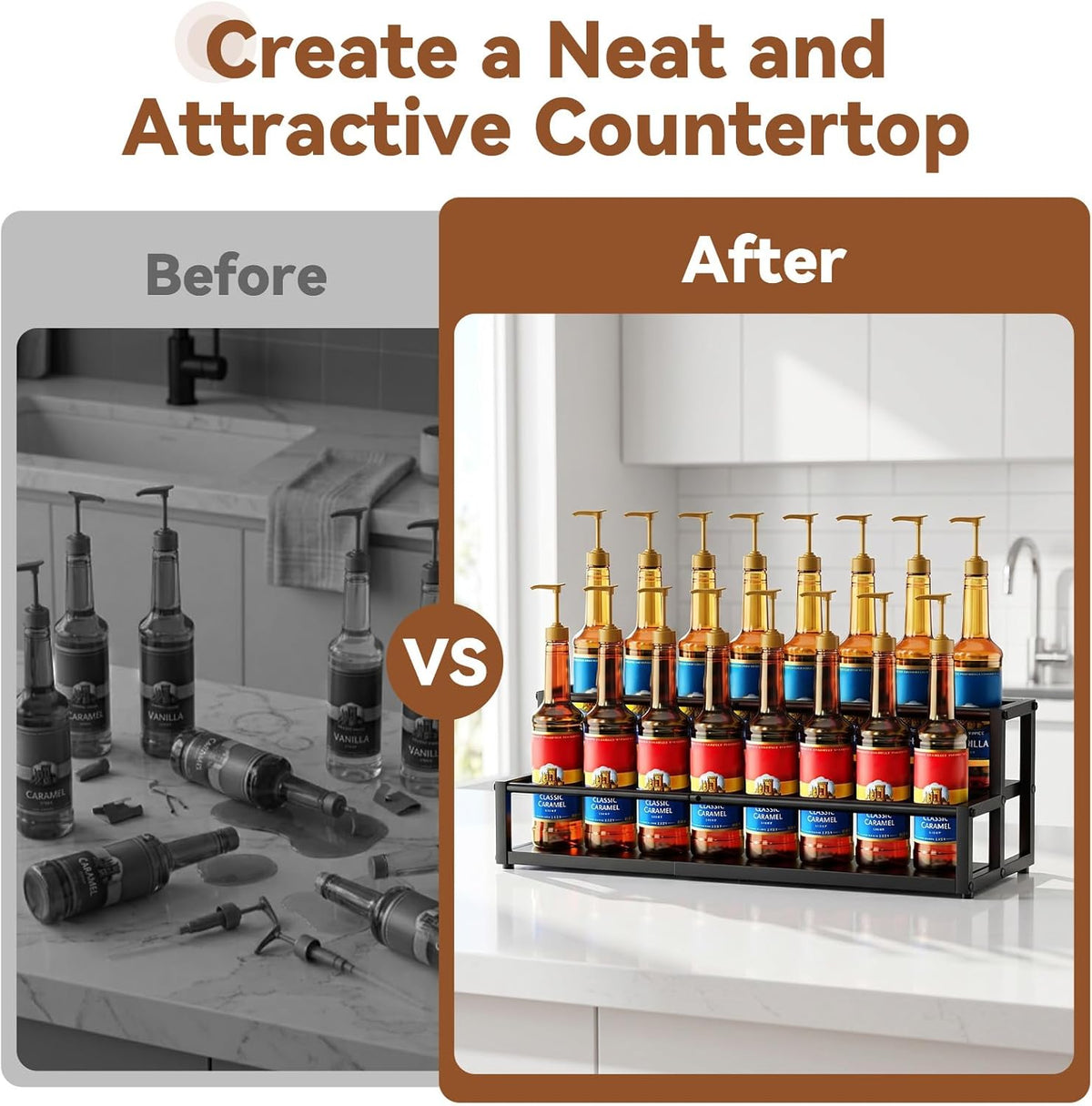 Expandable Coffee Syrup Organizer, 2-Tier Syrup Rack, Black | Holds 10-16 Bottles, Adjustable Width Carbon Steel Coffee Bar Organizer for Countertop Kitchen Bar