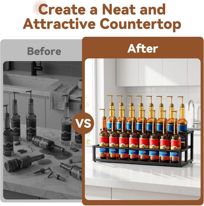 Expandable Coffee Syrup Organizer, 2-Tier Syrup Rack, Black | Holds 10-16 Bottles, Adjustable Width Carbon Steel Coffee Bar Organizer for Countertop Kitchen Bar