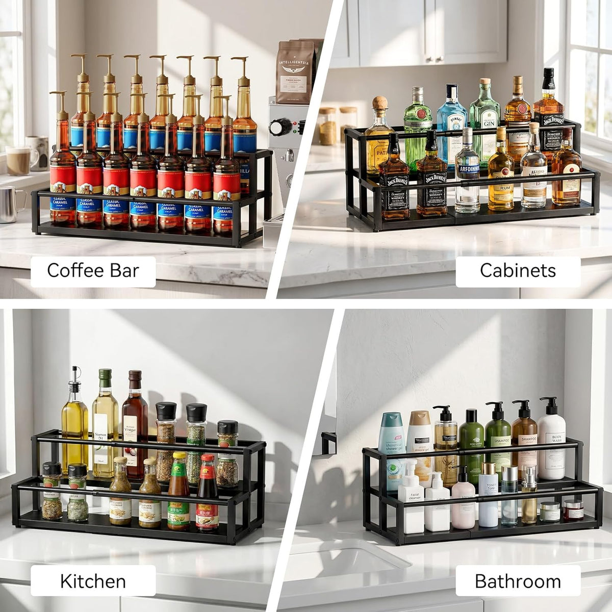Expandable Coffee Syrup Organizer, 2-Tier Syrup Rack, Black | Holds 10-16 Bottles, Adjustable Width Carbon Steel Coffee Bar Organizer for Countertop Kitchen Bar