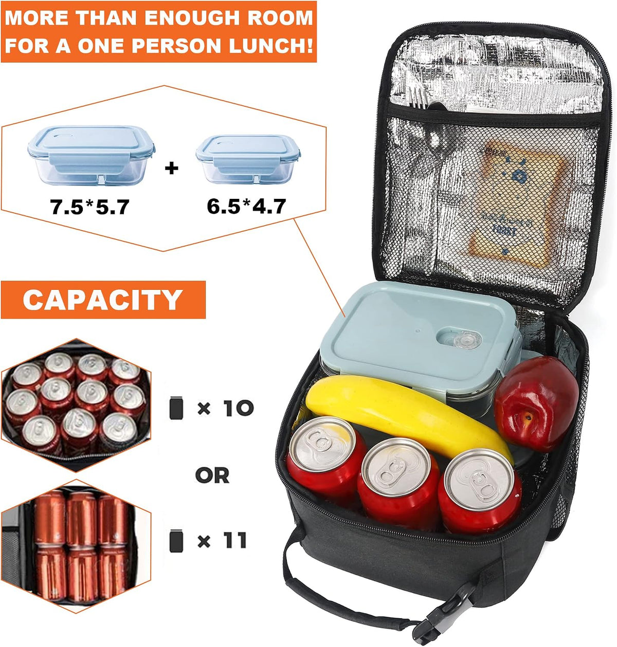 Femuar Lunch bag for Men Women Adults Small for Office Work Picnic - Reusable Portable Lunchbag, Black