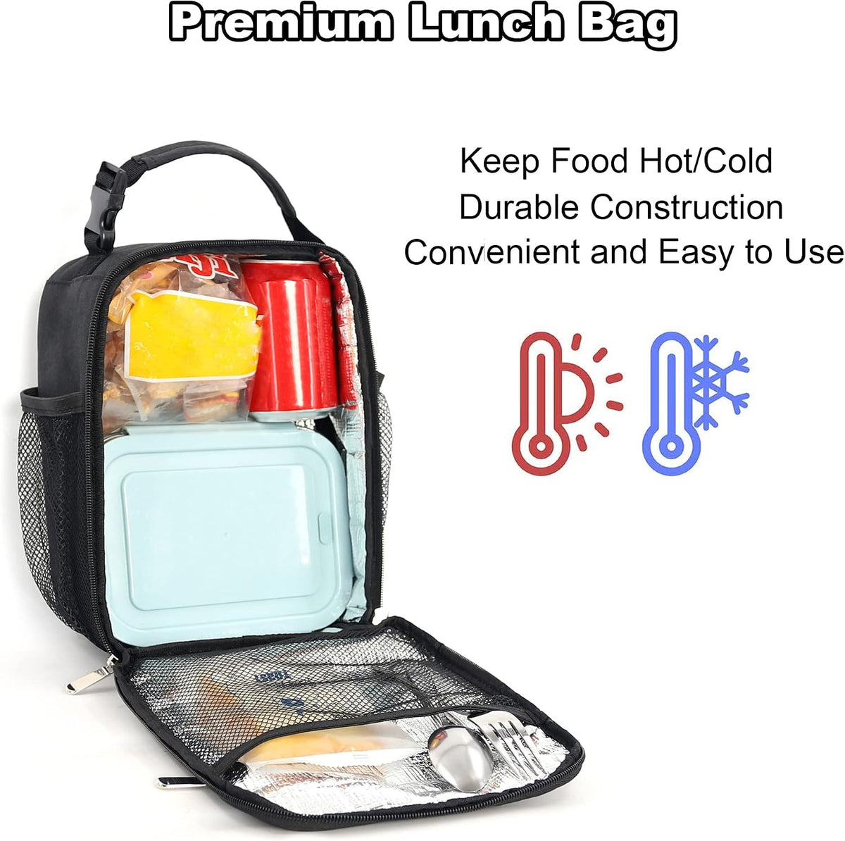 Femuar Lunch bag for Men Women Adults Small for Office Work Picnic - Reusable Portable Lunchbag, Black