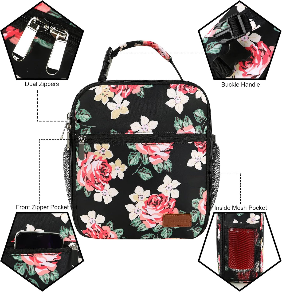 Femuar Lunch bag for Men Women Adults Small for Office Work Picnic - Reusable Portable Lunchbag, Black