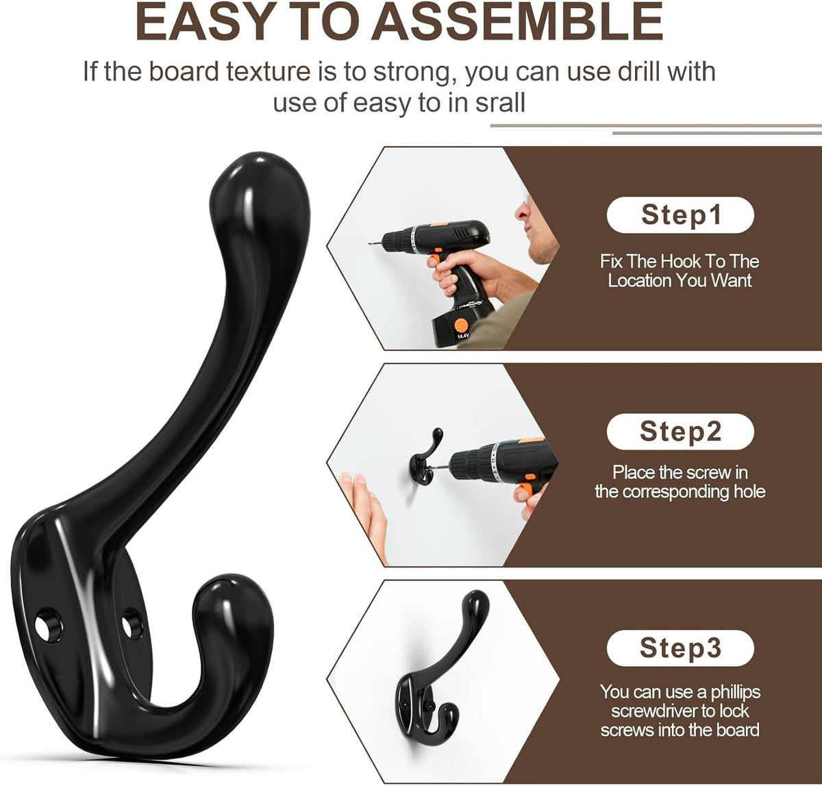 Black Coat Hooks, Wall Hooks for Closet Hanging, 30 Screws