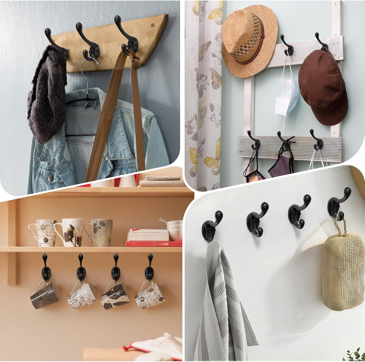 Black Coat Hooks, Wall Hooks for Closet Hanging, 30 Screws