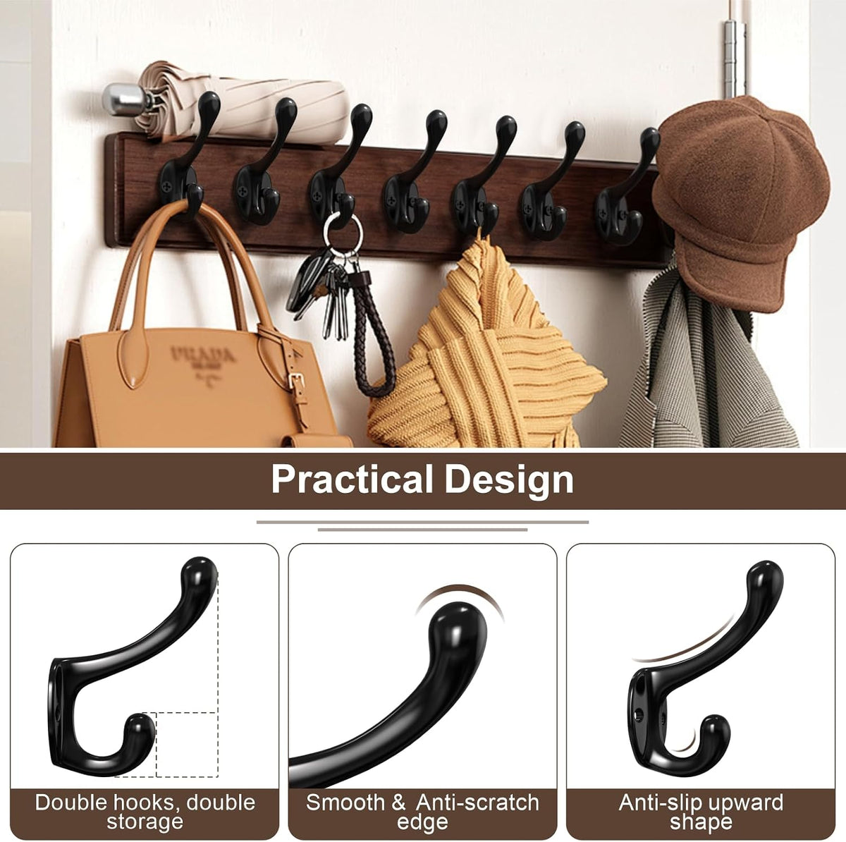Black Coat Hooks, Wall Hooks for Closet Hanging, 30 Screws