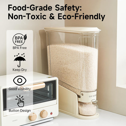 Slim Rice Dispenser 11 LB,Clear Rice Storage for Small Spaces | White,BPA-Free Sealed Design for Rice, Grain and Cereal,Rice Container Fits Narrow Pantry Shelves and Countertops
