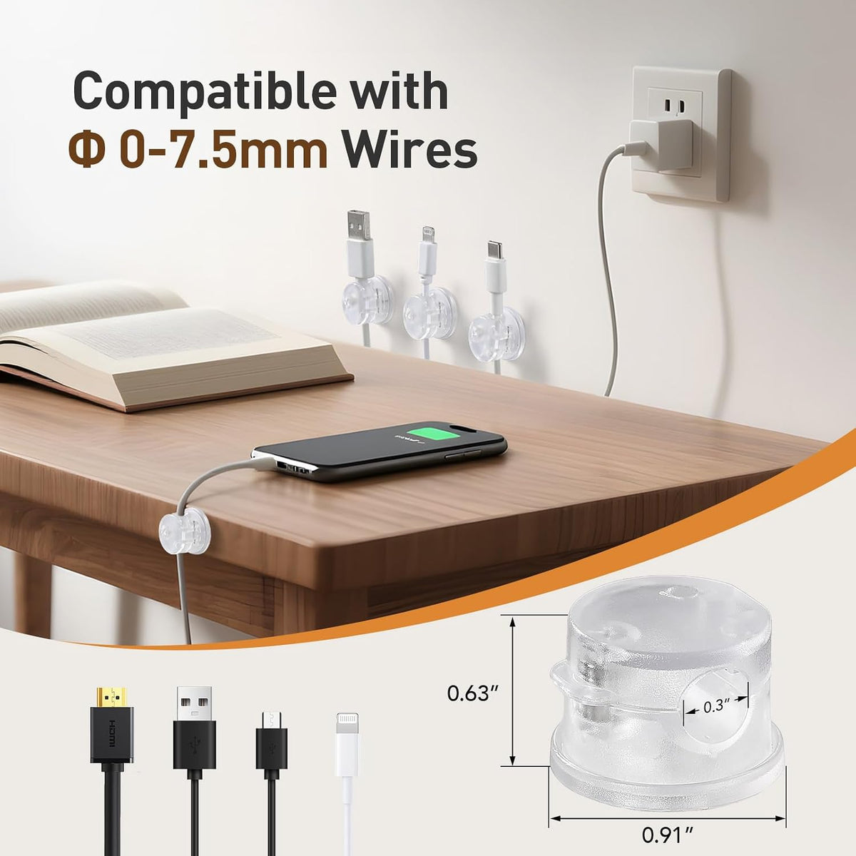 8 Pack Magnetic Cable Clips, 360° Rotatable Cord Holder, Clear