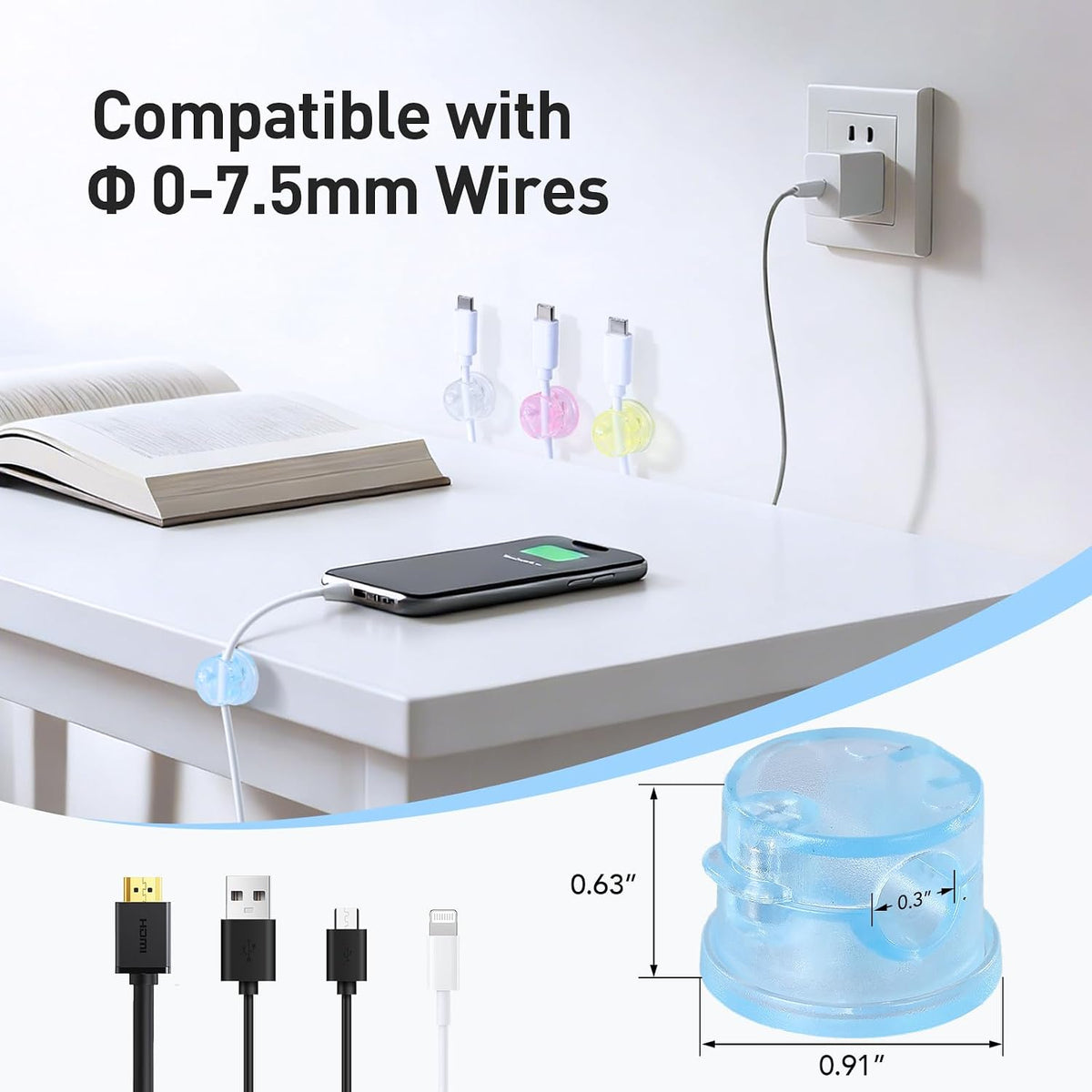 8 Pack Magnetic Cable Clips, 360° Rotatable Cord Holder, Clear