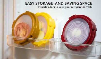 4Pcs Onion Storage Avocado Saver Holder, Lemons Garlic Tomato Peper Fruit Vegetable Container for Fridge (4PCS: Red+Yellow+Brown+Green)