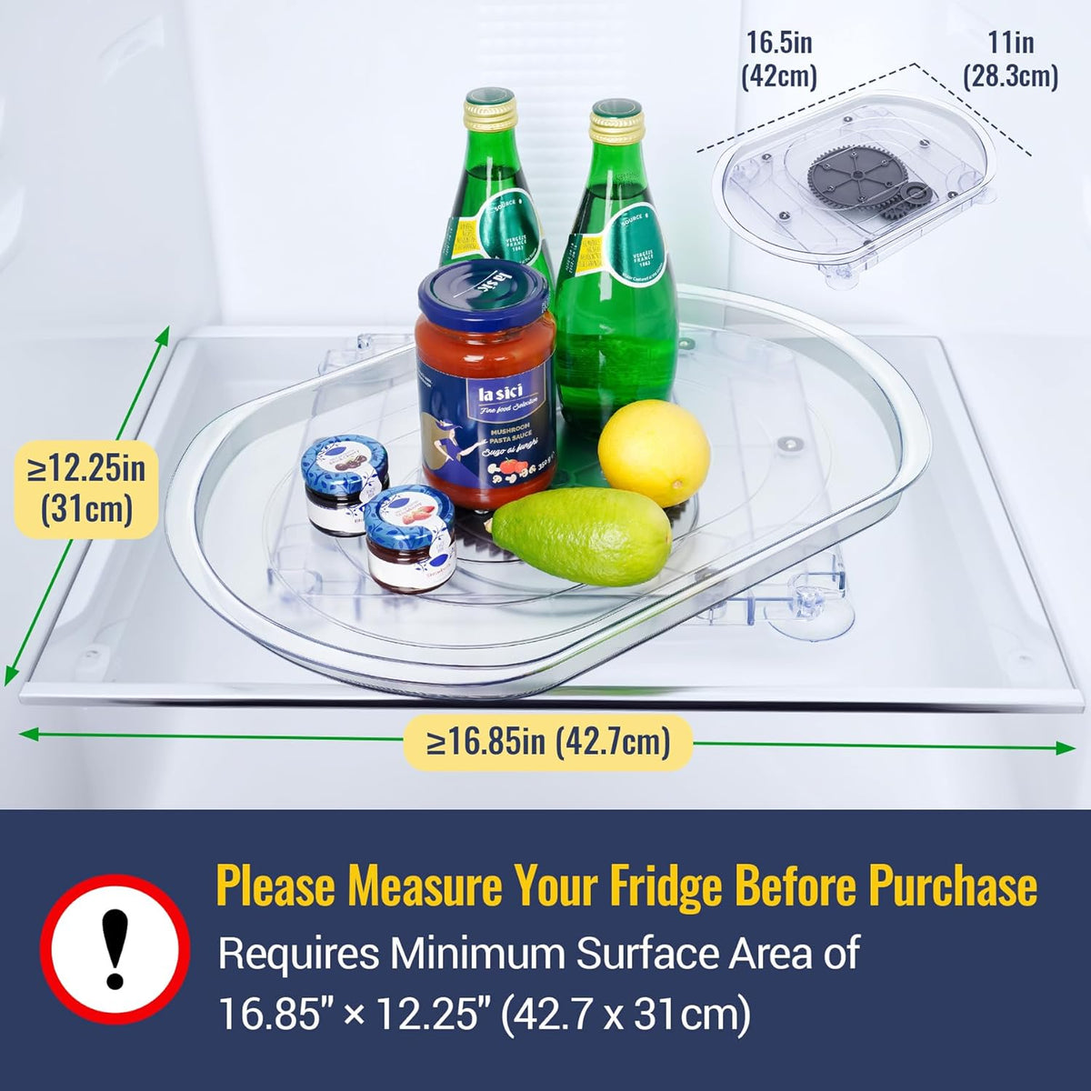 Refrigerator Lazy Susan Turntable Organizer 16.5"x11"x1.85", 180° Smooth Rotation Clear Plastic Shelf Tray with Suction Cups, Space-Saving Fridge Storage Rack for Cabinets, Pantry, Countertop