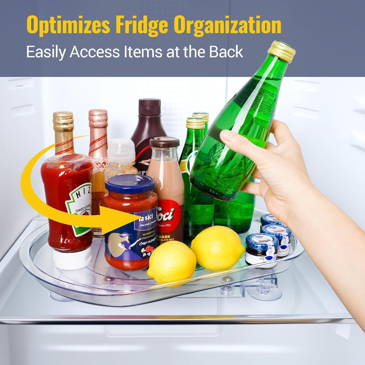 Refrigerator Lazy Susan Turntable Organizer 16.5"x11"x1.85", 180° Smooth Rotation Clear Plastic Shelf Tray with Suction Cups, Space-Saving Fridge Storage Rack for Cabinets, Pantry, Countertop