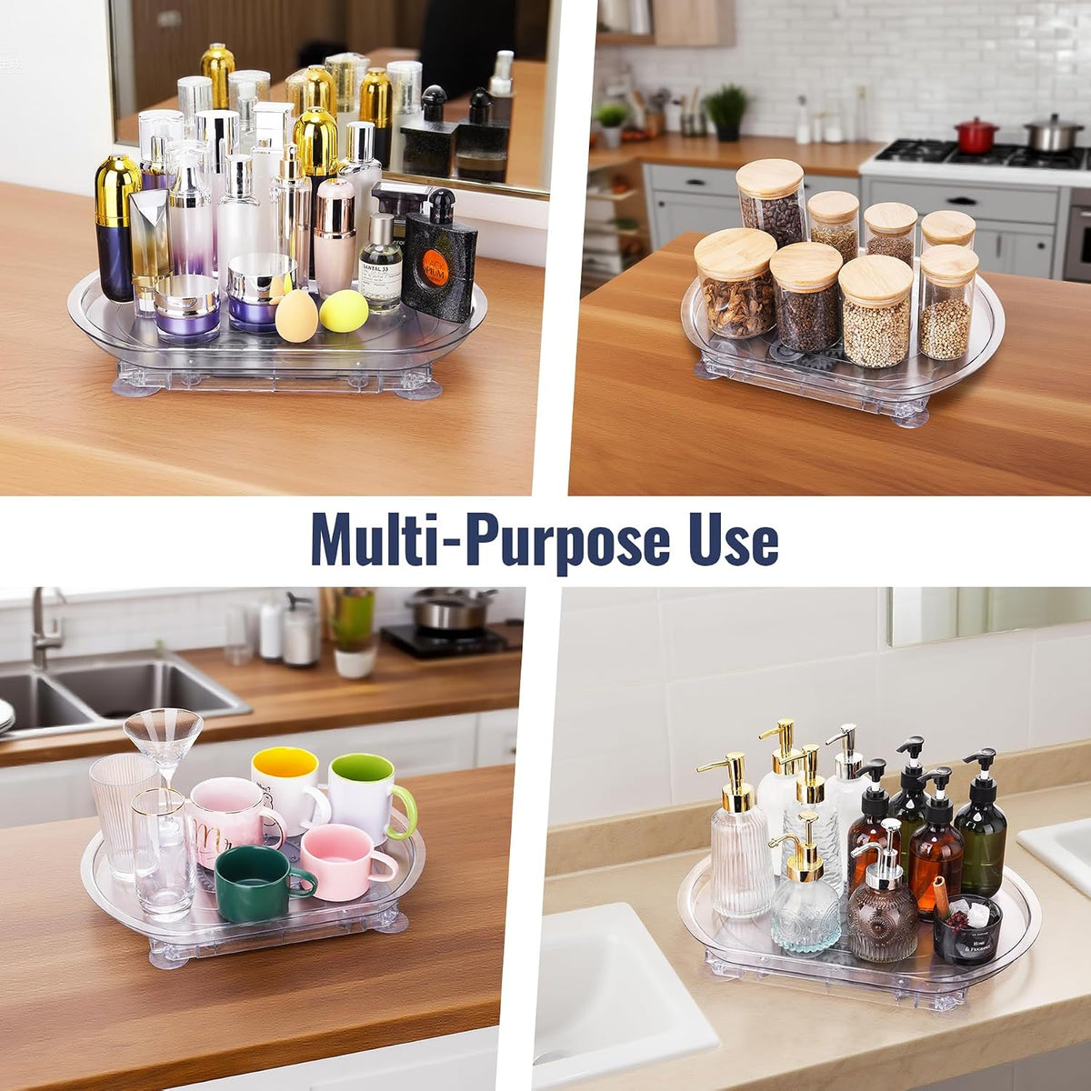 Refrigerator Lazy Susan Turntable Organizer 16.5"x11"x1.85", 180° Smooth Rotation Clear Plastic Shelf Tray with Suction Cups, Space-Saving Fridge Storage Rack for Cabinets, Pantry, Countertop