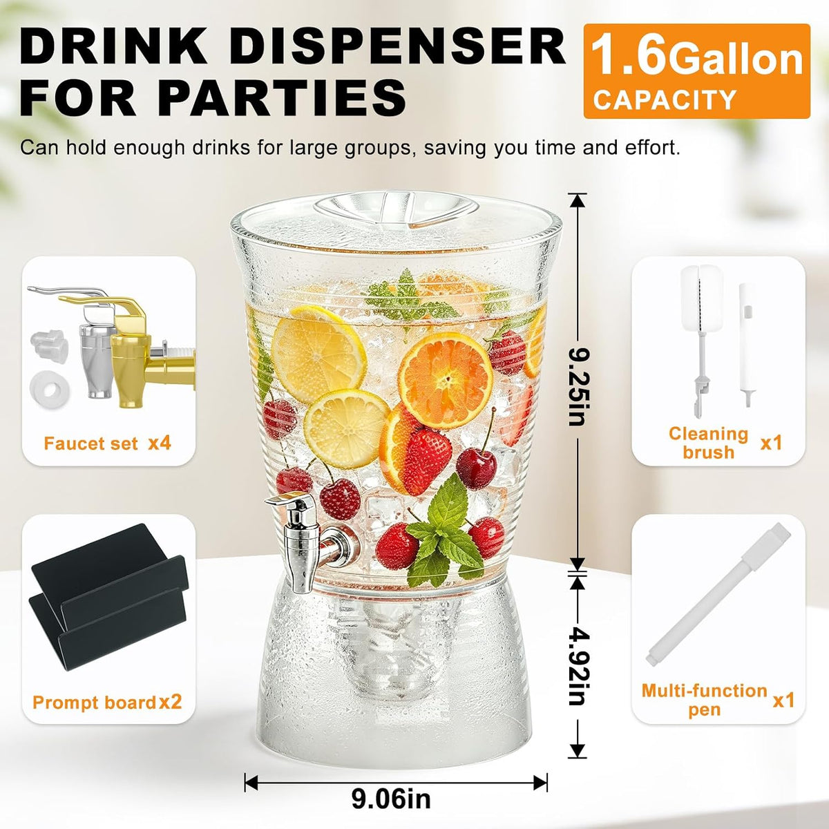 1.6 Gallon Drink Dispenser for Parties, 2 Pack Plastic Beverage Container with Stand for Counter Tops, for Tea,Drinks, Juice, Punch & Water Party Hosting