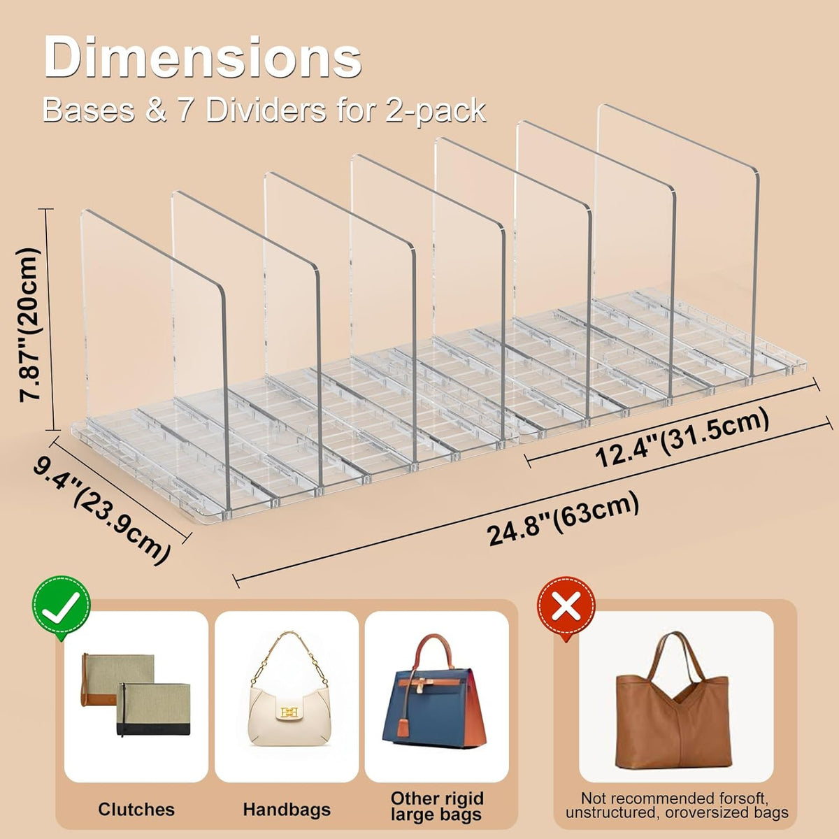 Bag & Purse Organizer for Closet: Adjustable Clear Handbag Storage Shelf - Plastic Clutch Dividers for Closet Organizers and Storage - Keep Carteras & Pocketbook Upright
