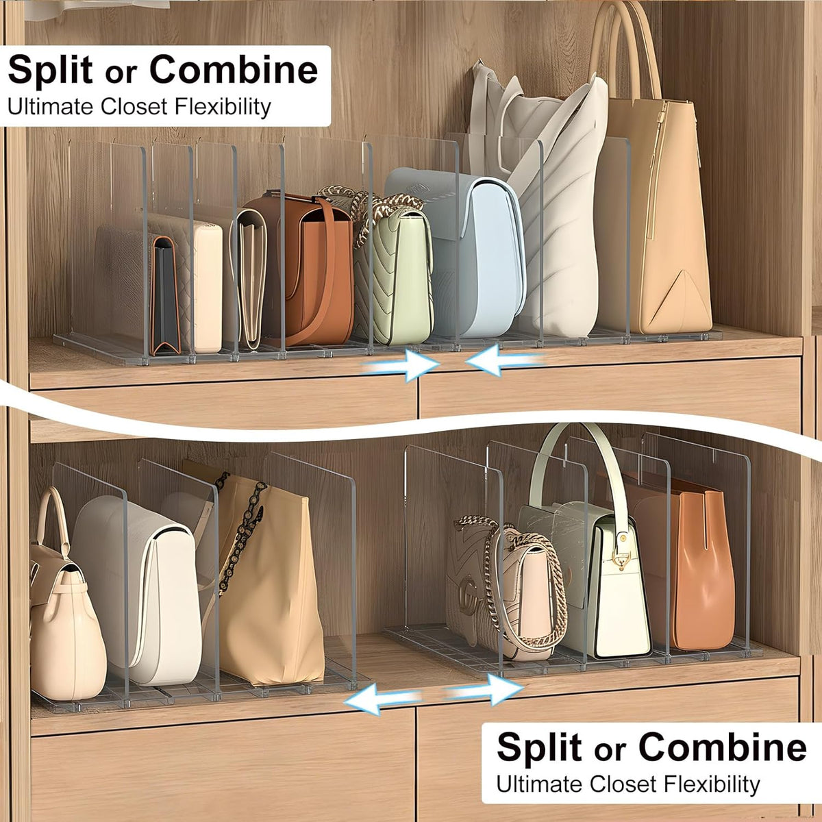 Bag & Purse Organizer for Closet: Adjustable Clear Handbag Storage Shelf - Plastic Clutch Dividers for Closet Organizers and Storage - Keep Carteras & Pocketbook Upright