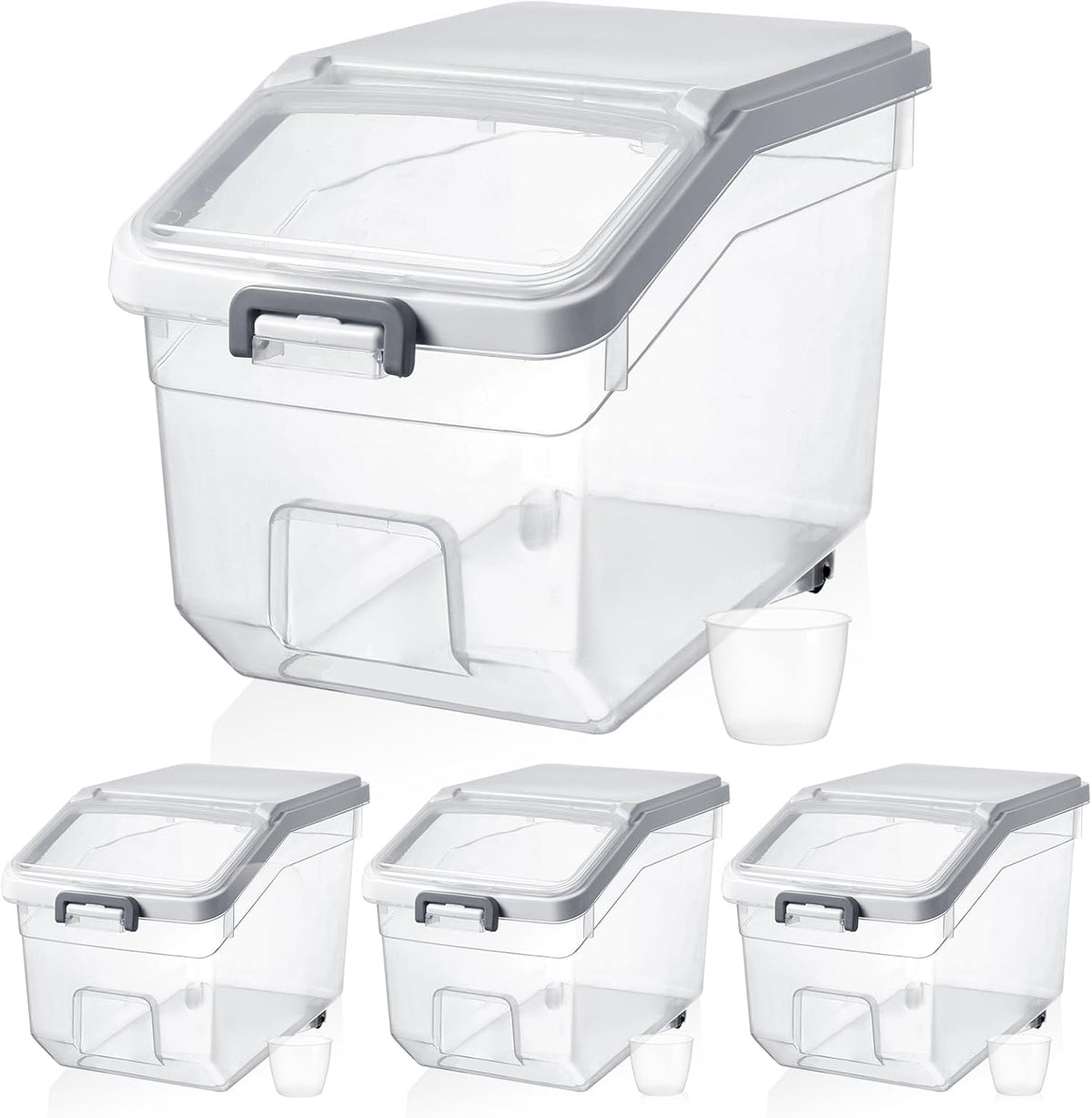 4 Pcs Rice Storage Container 22 lb Airtight Flour Container with Wheels Measuring Cup Clear Pet Food Cube Dog Cat Birds Food Bin Grain Cereal Organizer Box for Dry Baking Supplies(White Lid)