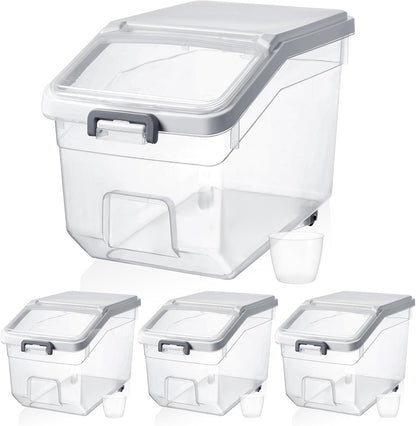 4 Pcs Rice Storage Container 22 lb Airtight Flour Container with Wheels Measuring Cup Clear Pet Food Cube Dog Cat Birds Food Bin Grain Cereal Organizer Box for Dry Baking Supplies(White Lid)