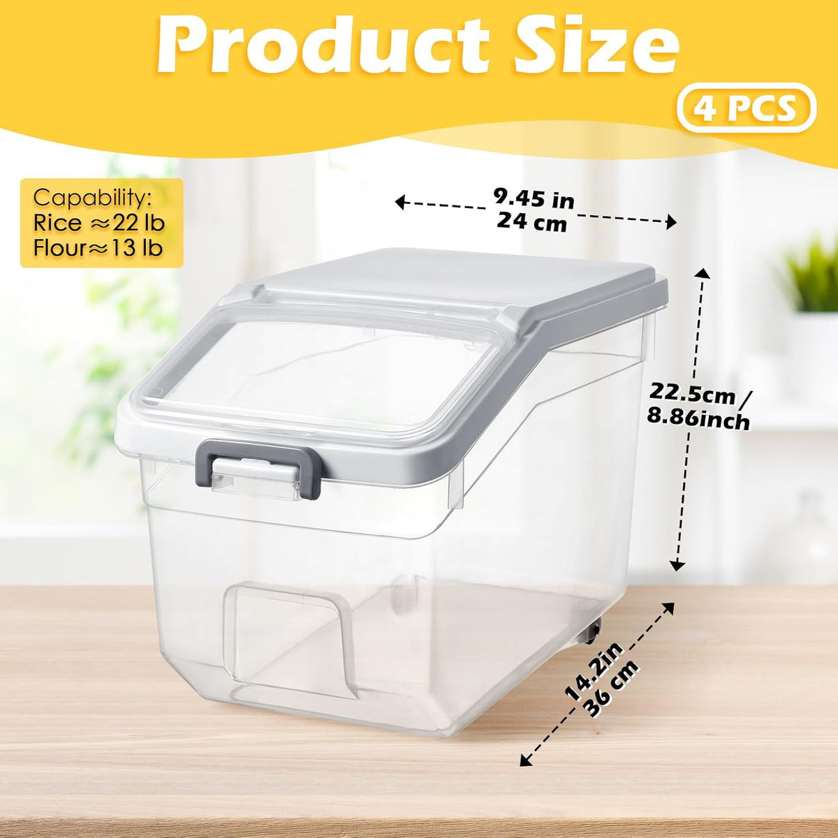4 Pcs Rice Storage Container 22 lb Airtight Flour Container with Wheels Measuring Cup Clear Pet Food Cube Dog Cat Birds Food Bin Grain Cereal Organizer Box for Dry Baking Supplies(White Lid)