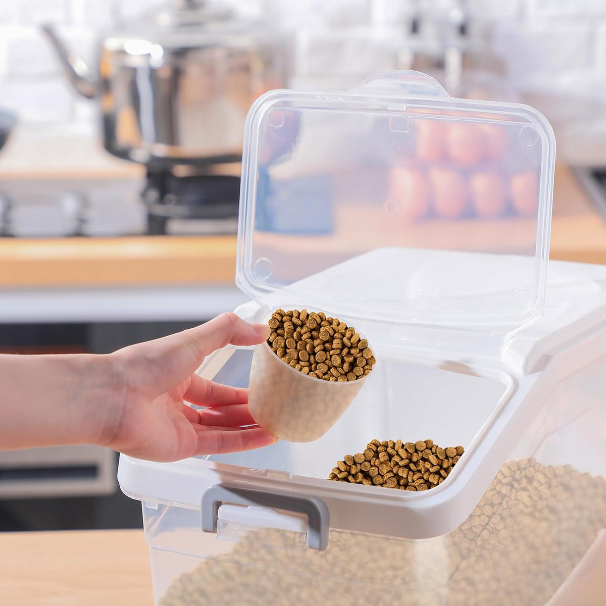 4 Pcs Rice Storage Container 22 lb Airtight Flour Container with Wheels Measuring Cup Clear Pet Food Cube Dog Cat Birds Food Bin Grain Cereal Organizer Box for Dry Baking Supplies(White Lid)