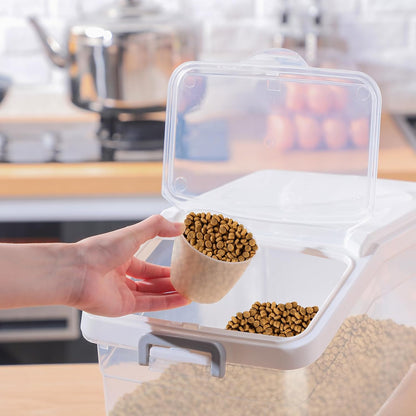 4 Pcs Rice Storage Container 22 lb Airtight Flour Container with Wheels Measuring Cup Clear Pet Food Cube Dog Cat Birds Food Bin Grain Cereal Organizer Box for Dry Baking Supplies(White Lid)