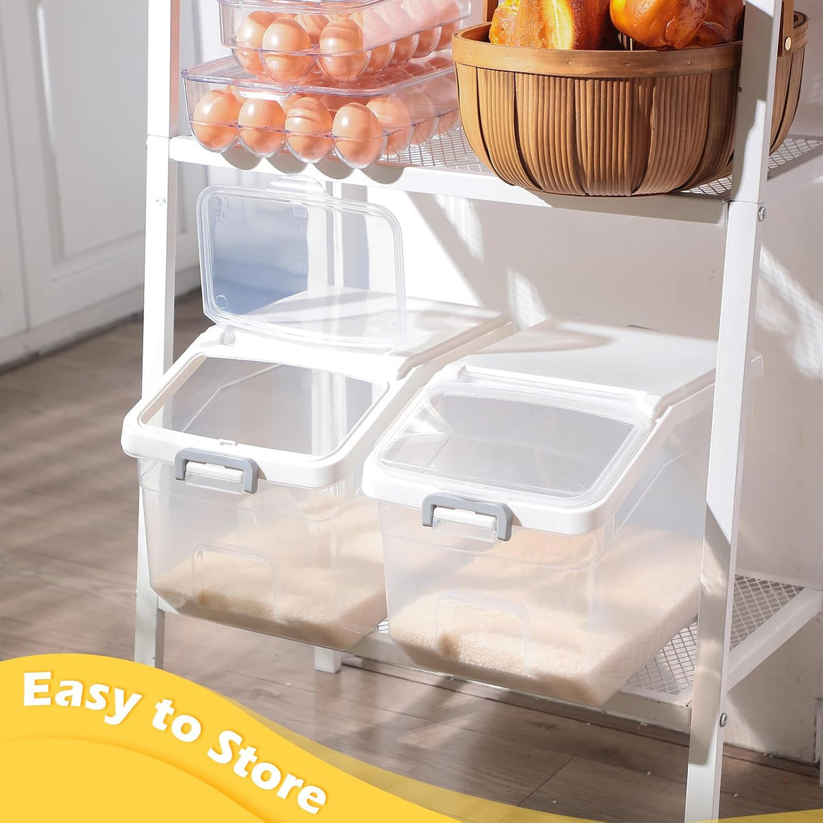 4 Pcs Rice Storage Container 22 lb Airtight Flour Container with Wheels Measuring Cup Clear Pet Food Cube Dog Cat Birds Food Bin Grain Cereal Organizer Box for Dry Baking Supplies(White Lid)