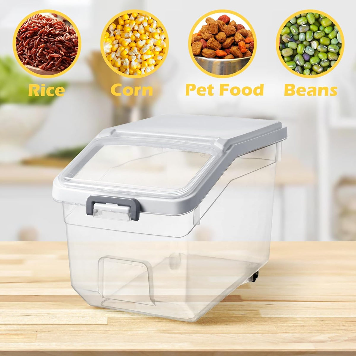 4 Pcs Rice Storage Container 22 lb Airtight Flour Container with Wheels Measuring Cup Clear Pet Food Cube Dog Cat Birds Food Bin Grain Cereal Organizer Box for Dry Baking Supplies(White Lid)