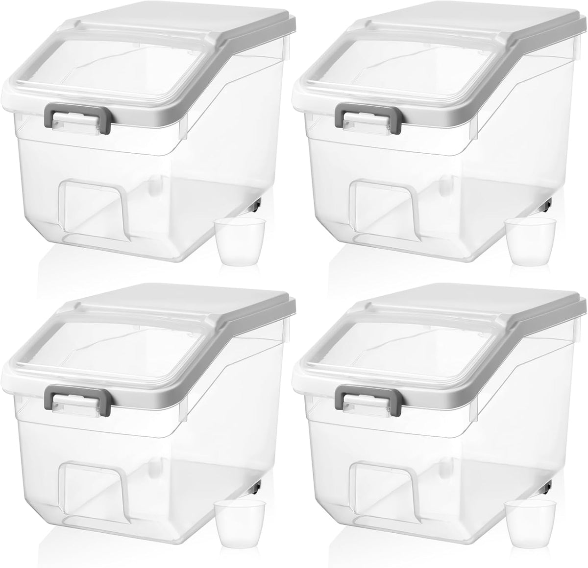 4 Pcs Rice Storage Container 22 lb Airtight Flour Container with Wheels Measuring Cup Clear Pet Food Cube Dog Cat Birds Food Bin Grain Cereal Organizer Box for Dry Baking Supplies(White Lid)