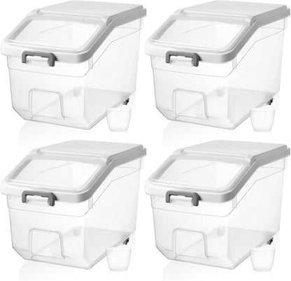 4 Pcs Rice Storage Container 22 lb Airtight Flour Container with Wheels Measuring Cup Clear Pet Food Cube Dog Cat Birds Food Bin Grain Cereal Organizer Box for Dry Baking Supplies(White Lid)