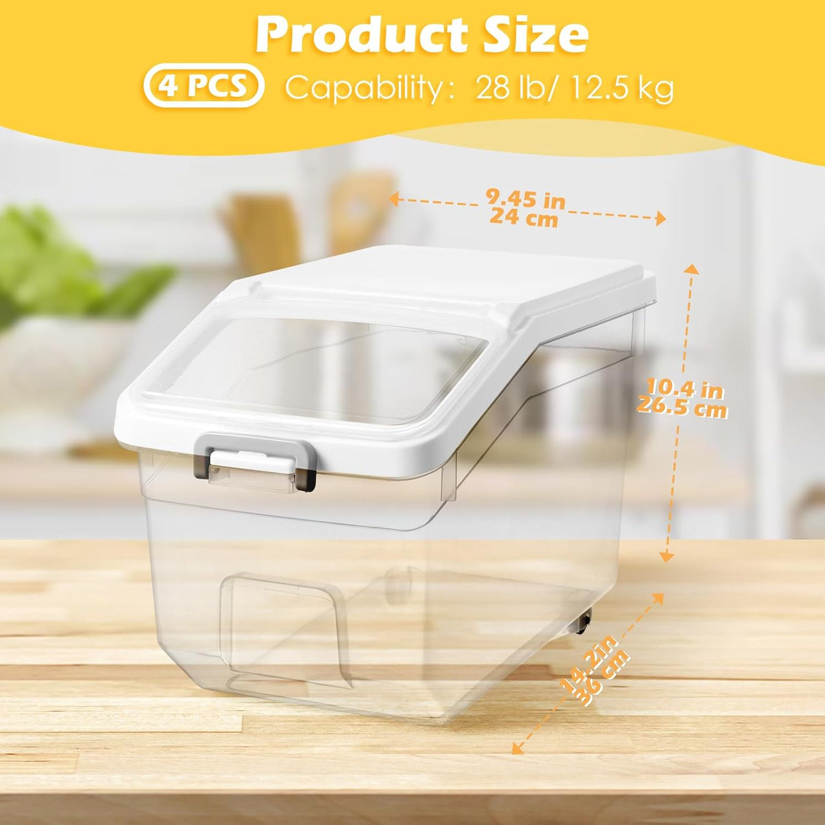 4 Pcs Rice Storage Container 22 lb Airtight Flour Container with Wheels Measuring Cup Clear Pet Food Cube Dog Cat Birds Food Bin Grain Cereal Organizer Box for Dry Baking Supplies(White Lid)