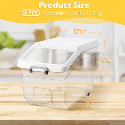 4 Pcs Rice Storage Container 22 lb Airtight Flour Container with Wheels Measuring Cup Clear Pet Food Cube Dog Cat Birds Food Bin Grain Cereal Organizer Box for Dry Baking Supplies(White Lid)