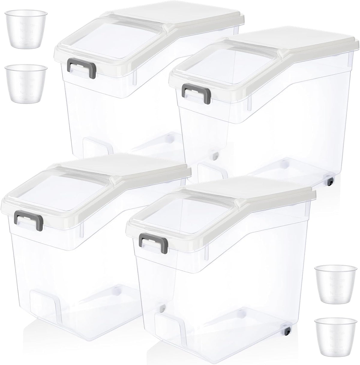 4 Pcs Rice Storage Container 22 lb Airtight Flour Container with Wheels Measuring Cup Clear Pet Food Cube Dog Cat Birds Food Bin Grain Cereal Organizer Box for Dry Baking Supplies(White Lid)