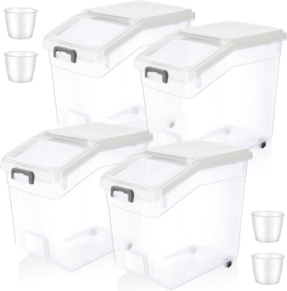 4 Pcs Rice Storage Container 22 lb Airtight Flour Container with Wheels Measuring Cup Clear Pet Food Cube Dog Cat Birds Food Bin Grain Cereal Organizer Box for Dry Baking Supplies(White Lid)